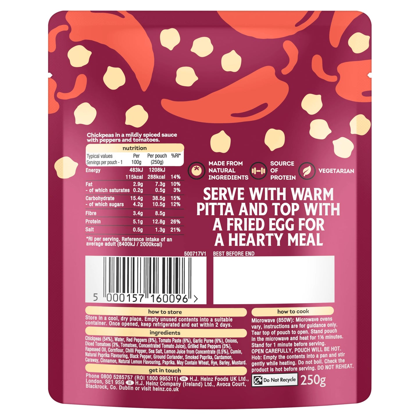 HEINZ Harissa Chickpeas with Peppers and Garlic - Meal for One, Made From Natural Ingredients, Source of Protein, 250gr