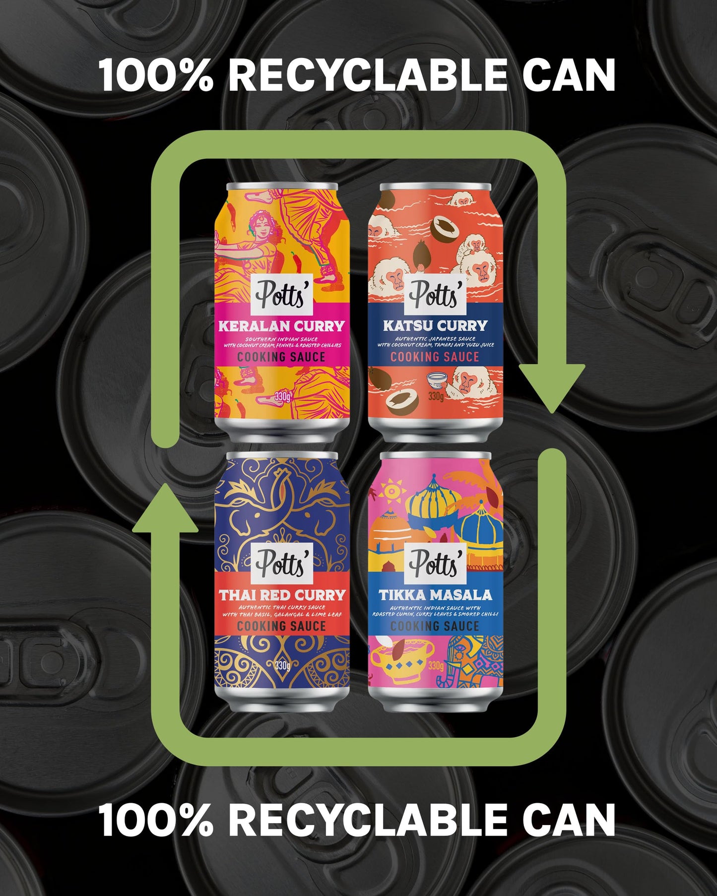 Potts’ Katsu Curry, Tikka Masala, Thai Red Curry, & Keralan Sauce in Can, 330g Each - Mixed Sauce Cans for Vegan & Traditional Meals - Easy Open Can, Ready to Use Stock