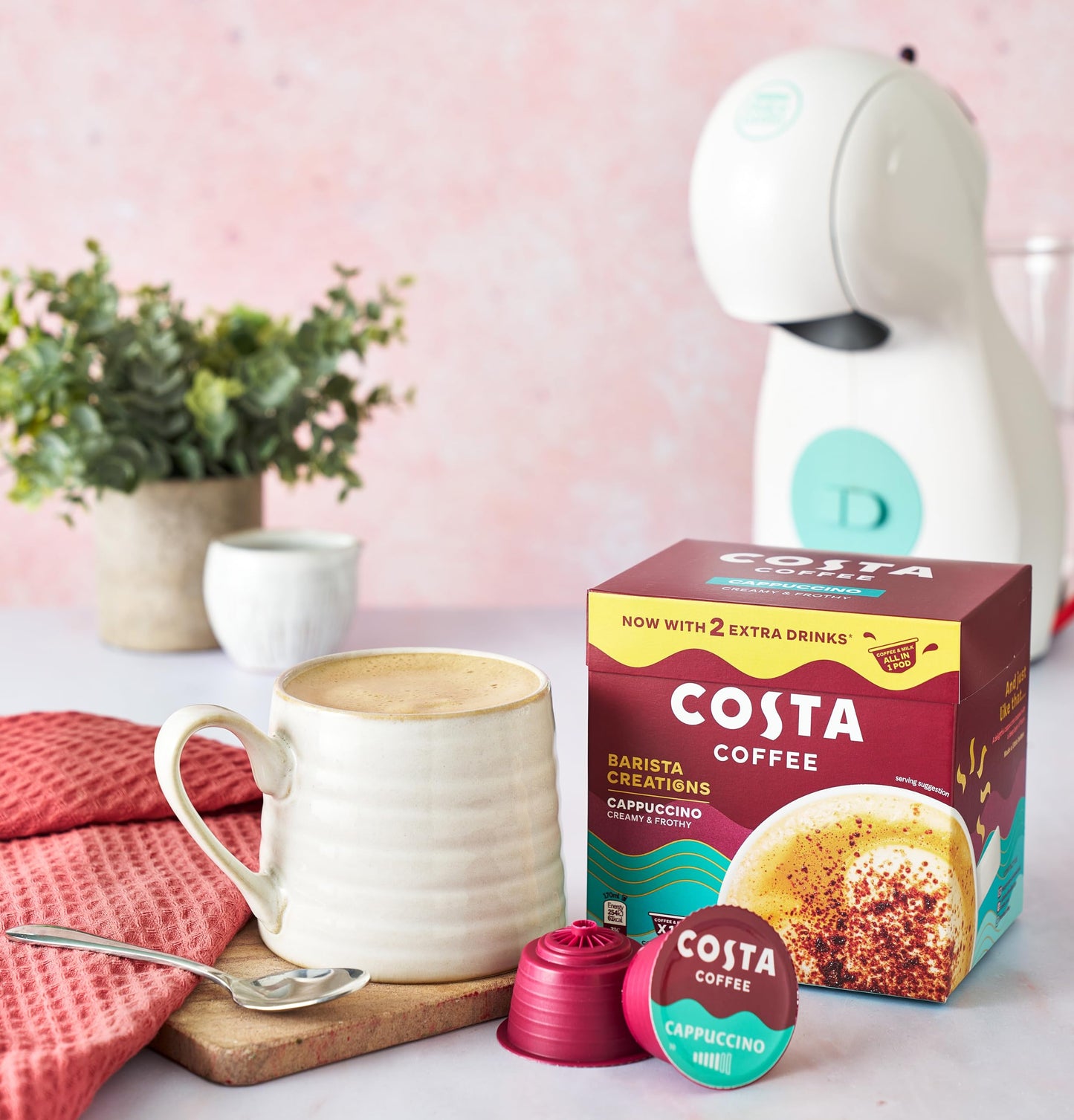 Costa Coffee Dolce Gusto Cappuccino One Pod 10 x 16g, Creamy and Frothy. Now with 2 extra drinks, All in One Pod.