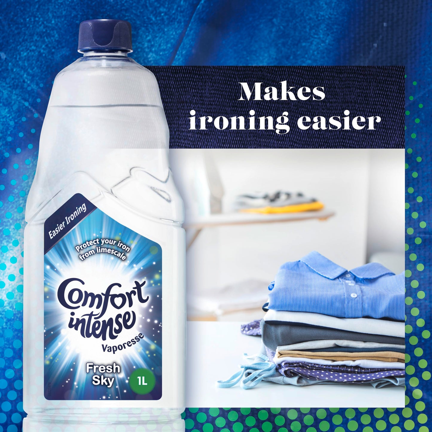 Comfort Intense Vaporesse Fresh Sky Ironing Water prevents limescale in your iron for fresh laundry 10 x 1 Litre, Pack of 10