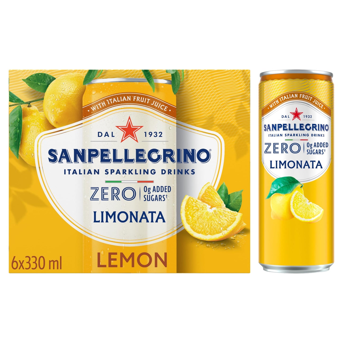 San Pellegrino Italian Sparkling Drinks Zero Sparkling Lemon Canned Soft Drink 6 x 330ml, 21kCals per can