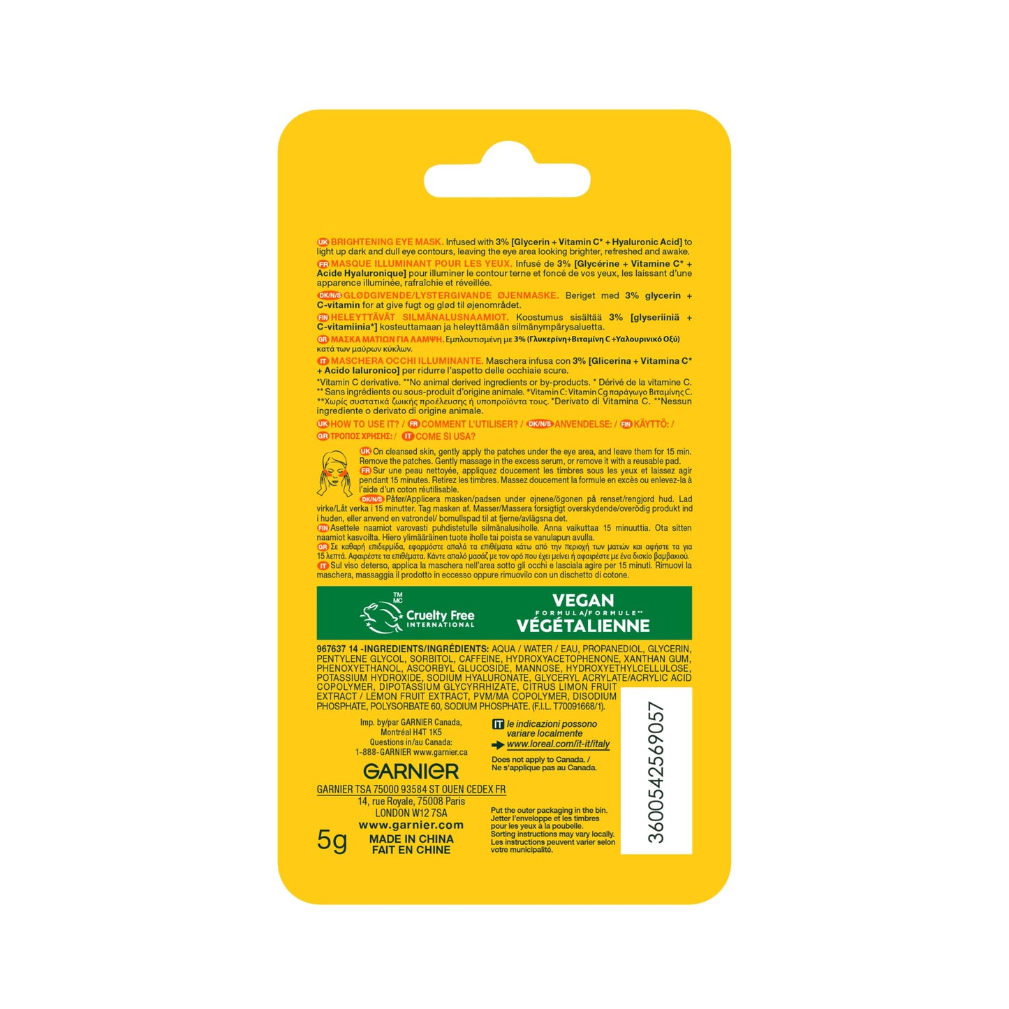Garnier Vitamin C* Brightening Eye Mask, with 3% Glycerin, Vitamin C* and Hyaluronic Acid, 5g