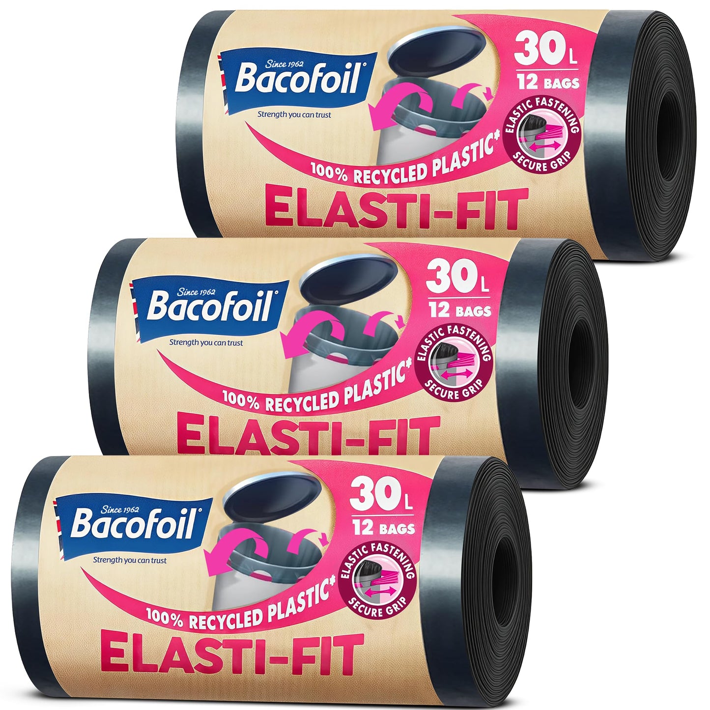 Bacofoil Elasti-Fit Bin Liners with Drawstring Handles 30L - Leak-Proof Bin Bag with Elastic Fastening for a Secure Fit (3 Rolls, 36 Bags)…