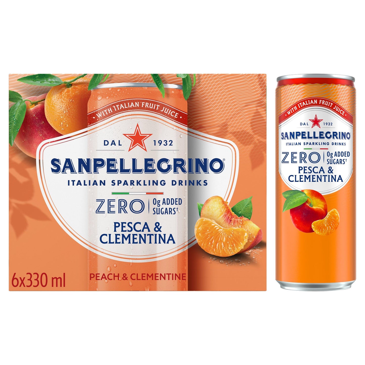 San Pellegrino Italian Sparkling Drinks Zero Sparkling Peach & Clementine Canned Soft Drink 6 x 330ml, 21kCals per can