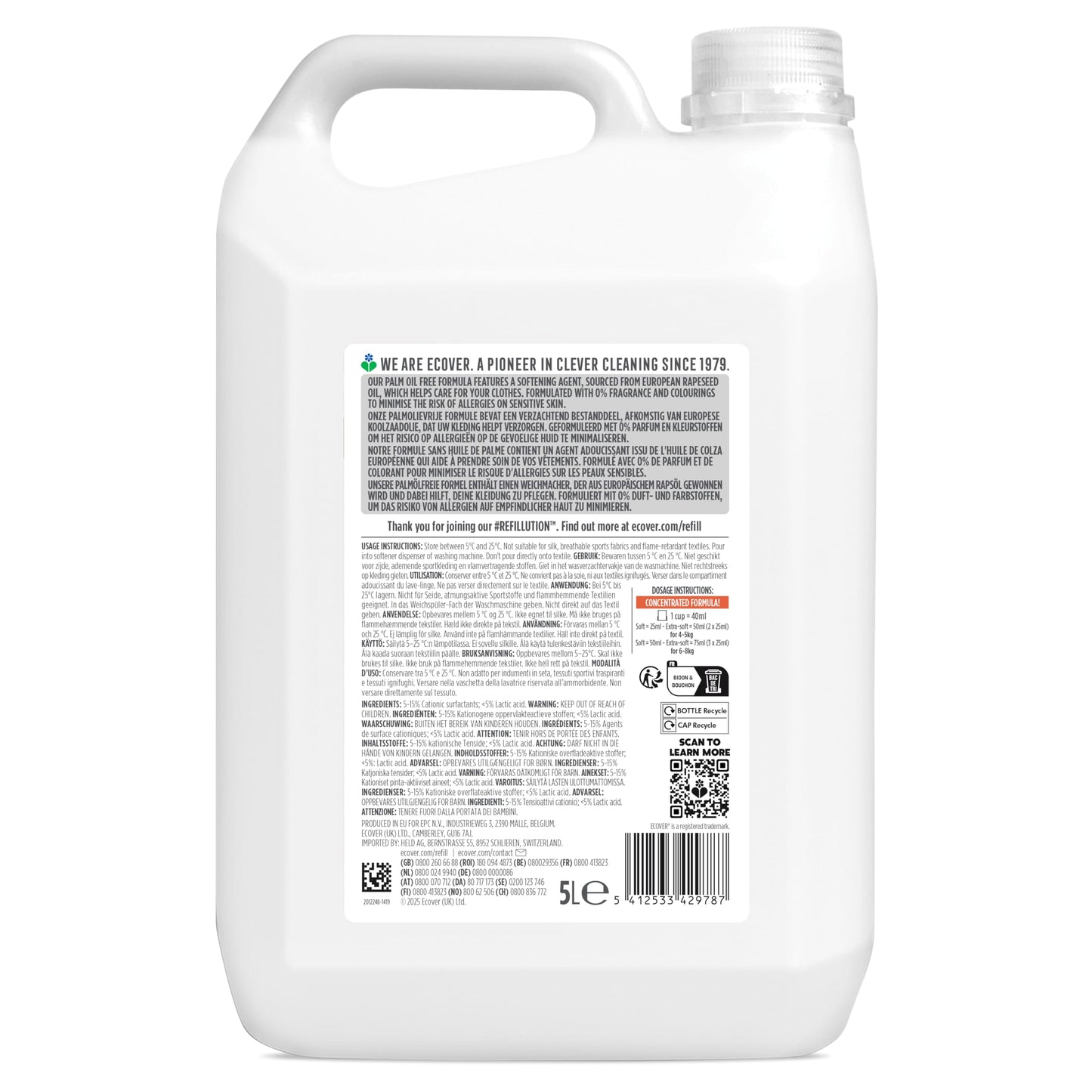 Ecover Zero Fabric Softener Refill, Sensitive Skin, 200 Washes, 5L