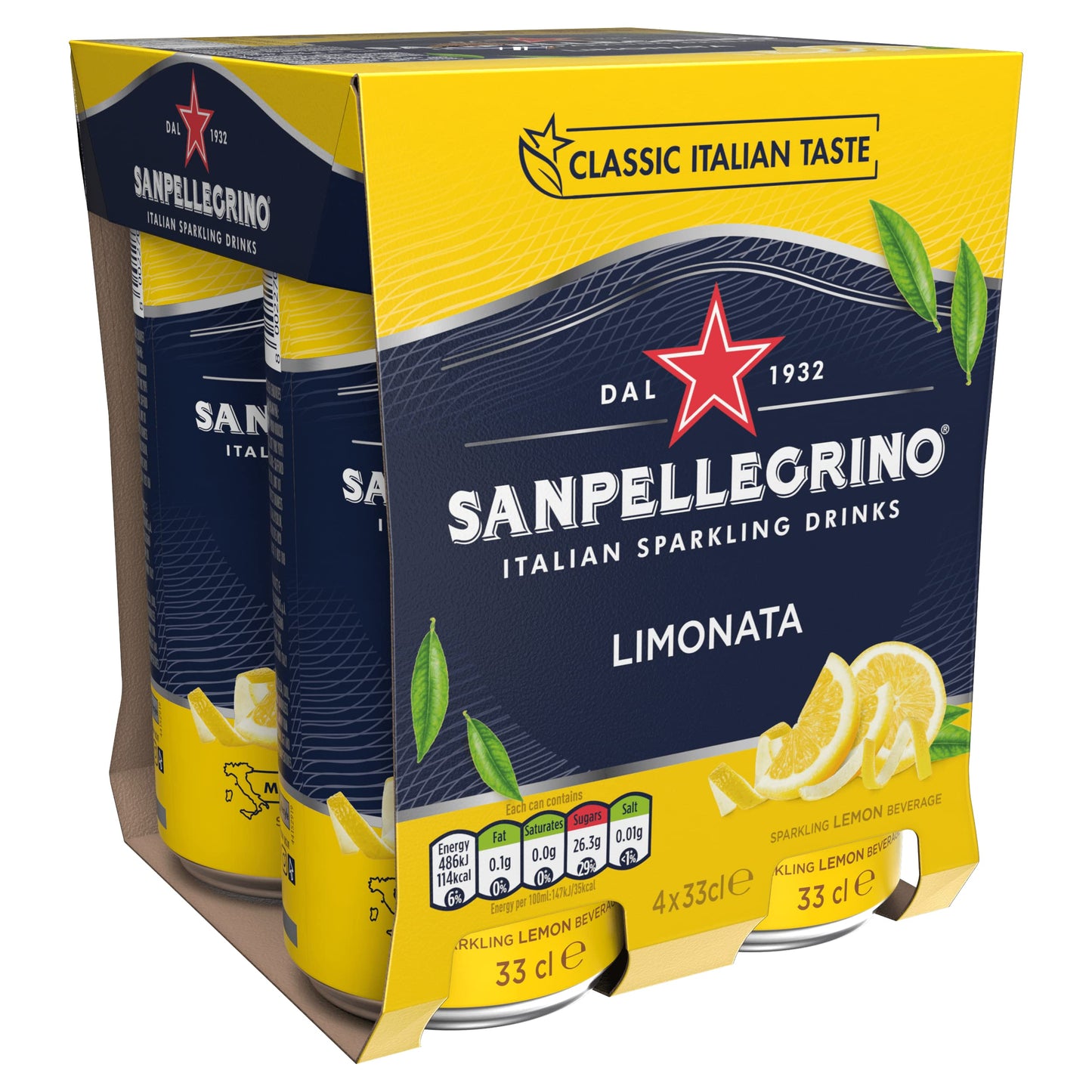 San Pellegrino Italian Sparkling Drinks Classic Taste Original Sparkling Lemon Canned Soft Drink 4 x 330 ml