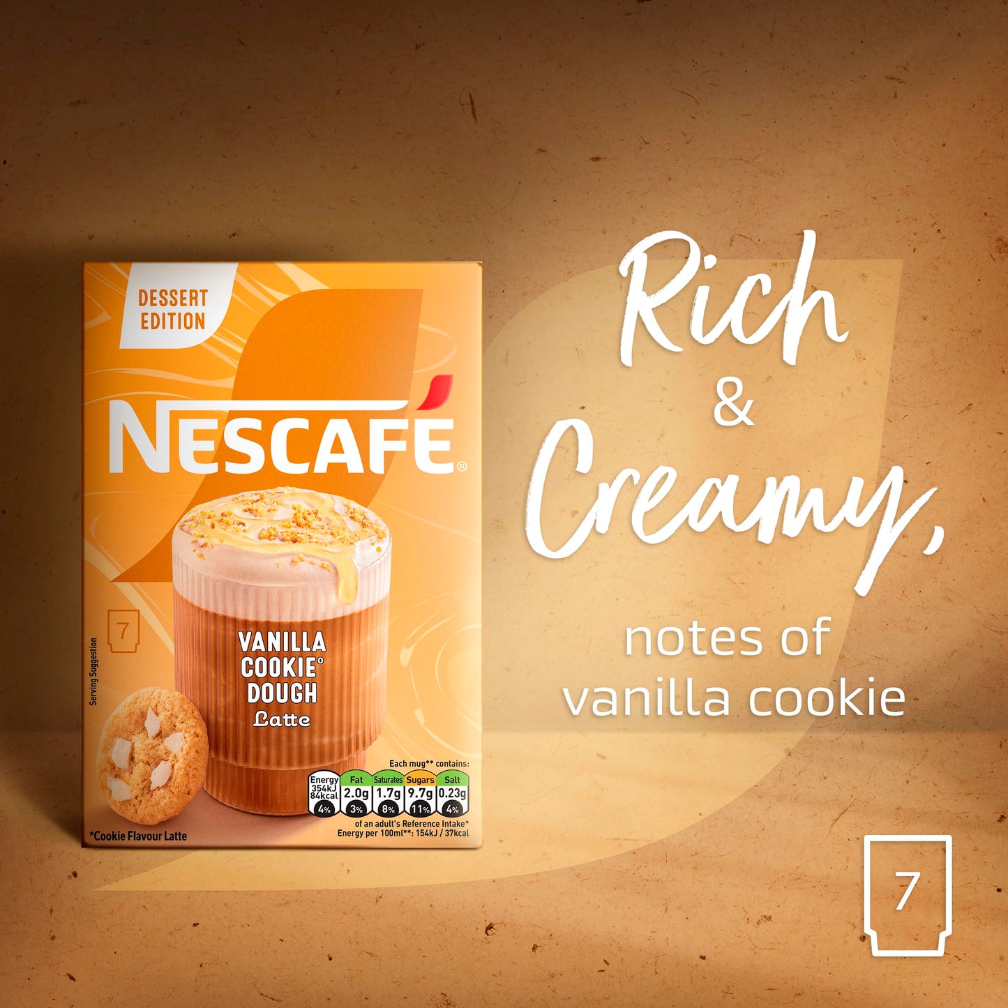 NESCAFÉ Nescafe Vanilla Cookie Dough Latte 7 x 19.5g Sachets, 100% Responsibly Sourced Coffee