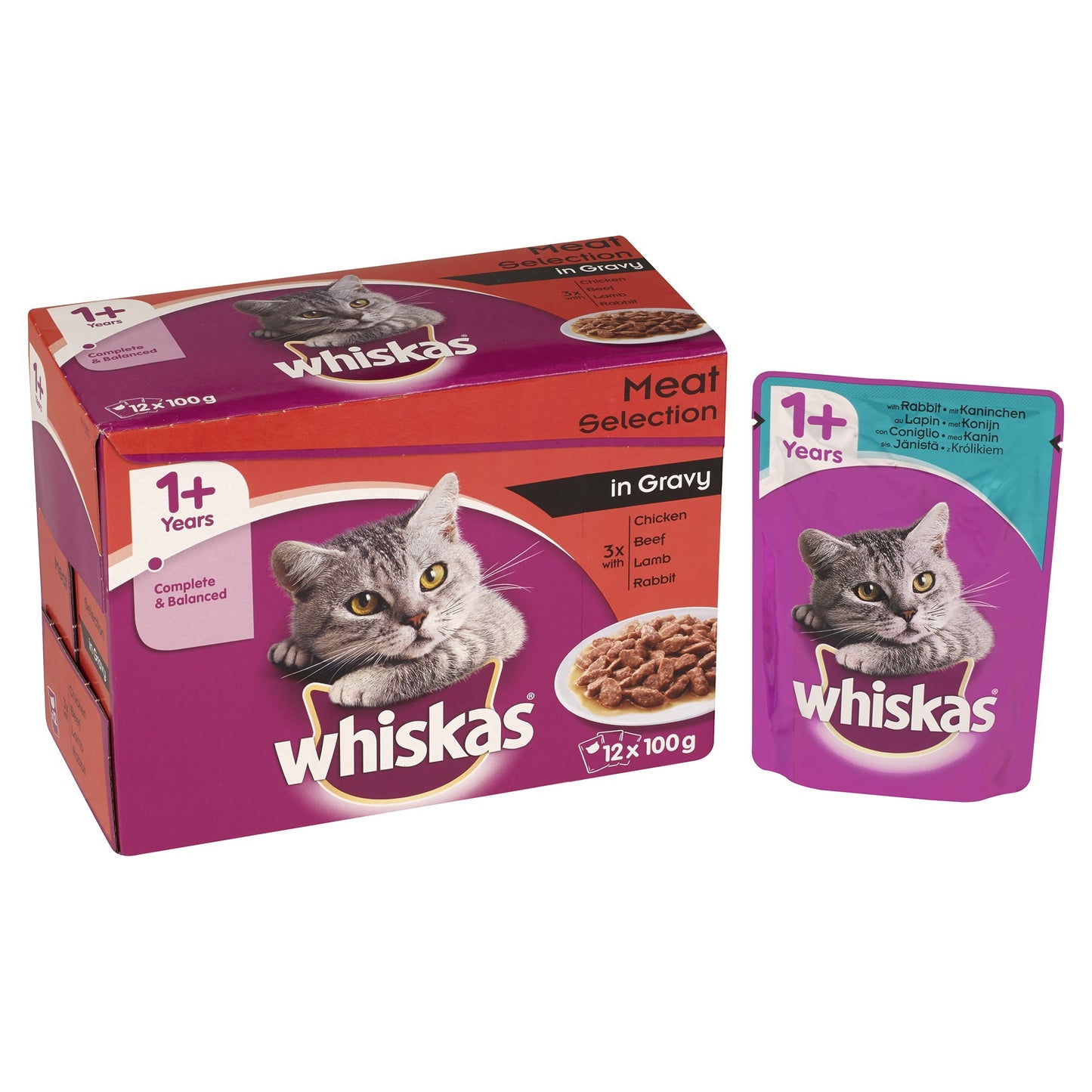Whiskas 1+ Cat Wet Food in Pouch for Adult Cats, Meaty Selection in Gravy, 12x 100g