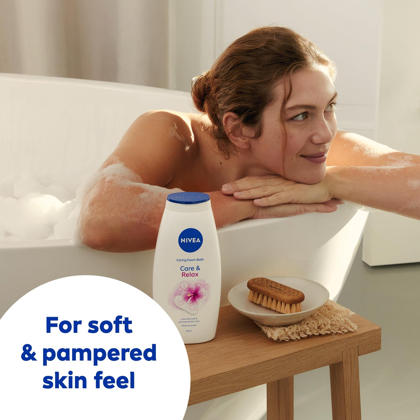 NIVEA Caring Foam Relax Shower & Bath Foam (750ml), Nourishing Bath Cream with Hibiscus Scent to Leave Skin Feeling Soft, Smooth and Moisturised