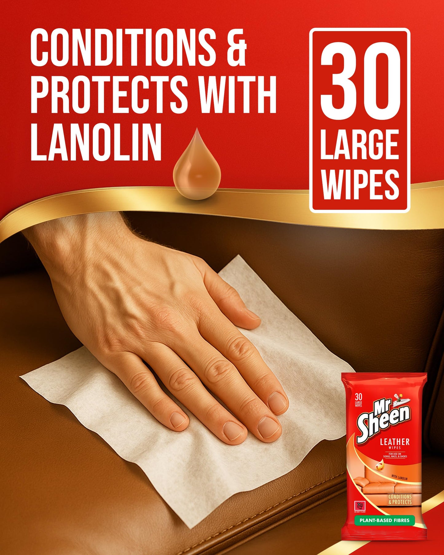 Mr Sheen Leather Wipes With Lanolin For Jacket & Sofas Pack Of 30 Wipes Pack of 3 (Total 90)