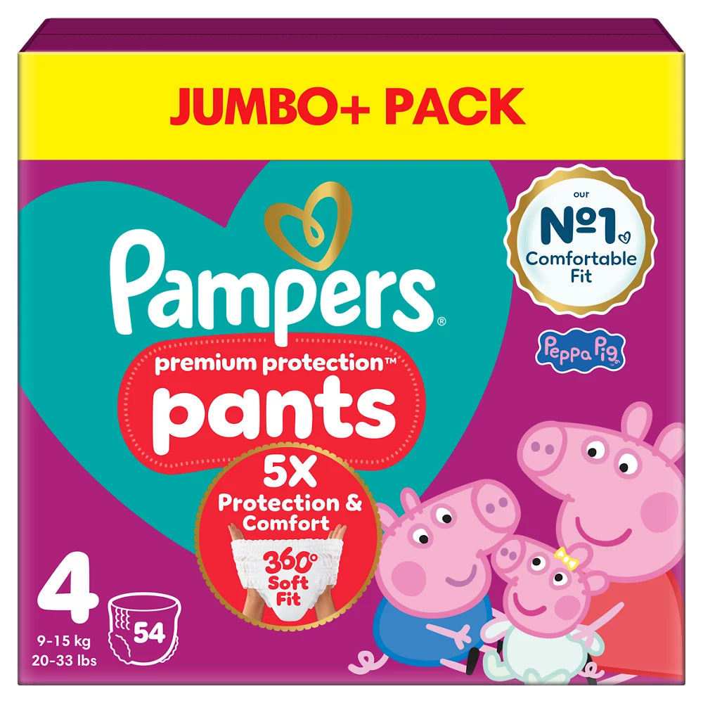 Pampers Premium Protection Nappy Pants Size 4, 54 Nappies, 9kg-15kg, Jumbo+ Pack