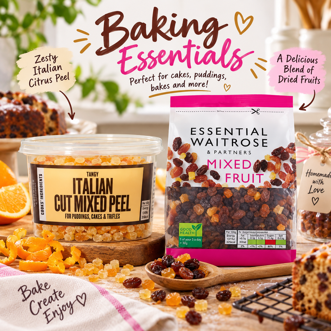 Christmas Waitrose essentials,  Italian Cut Mixed Peel 200g and Mixed Fruit 1kg