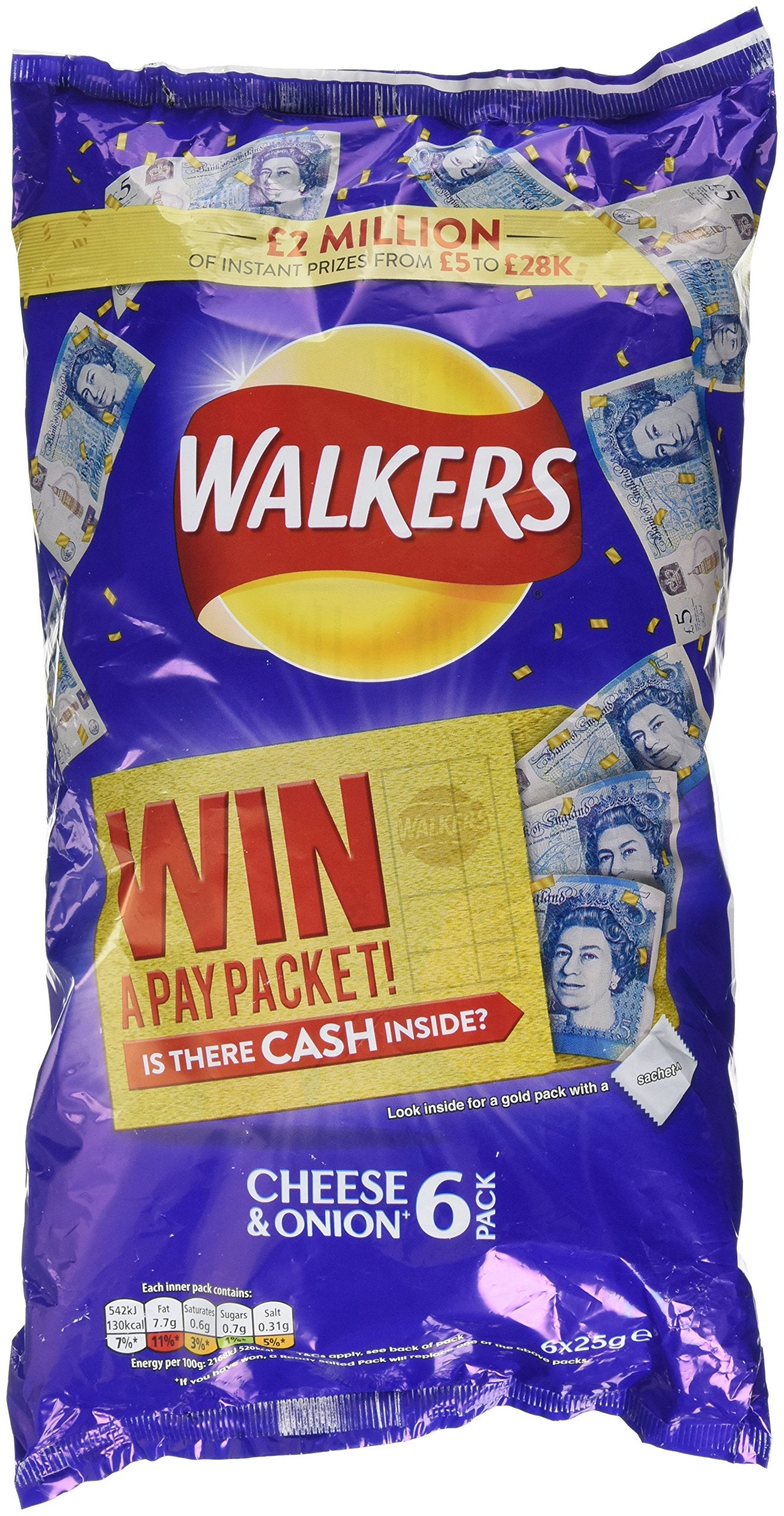 Walkers Crisps Cheese and Onion, 6 x 25g