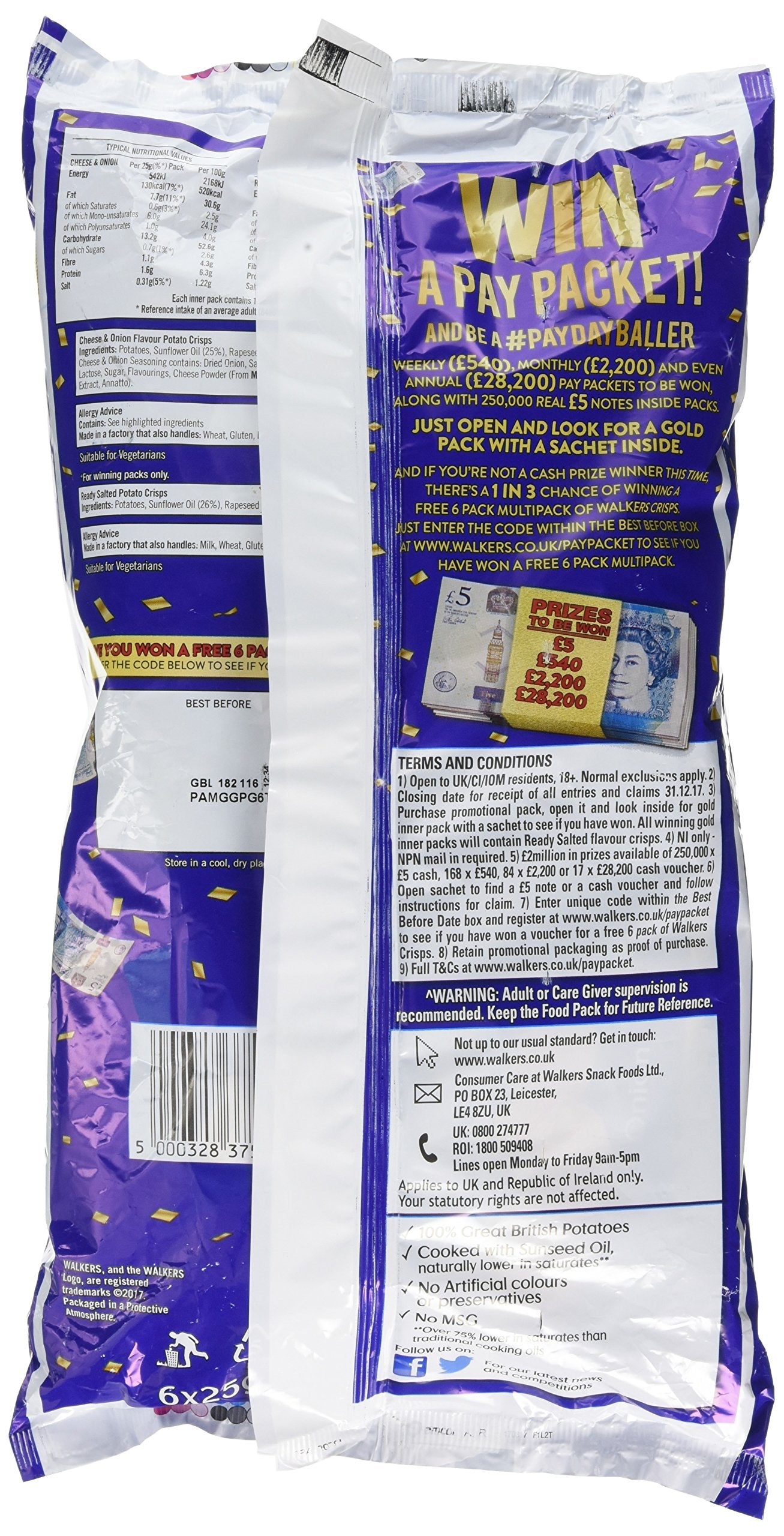 Walkers Crisps Cheese and Onion, 6 x 25g