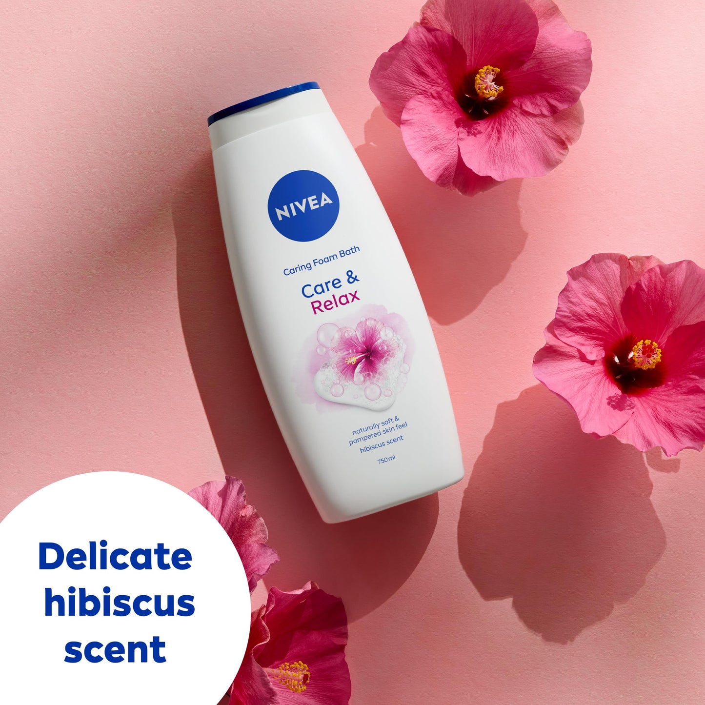 NIVEA Caring Foam Relax Shower & Bath Foam (750ml), Nourishing Bath Cream with Hibiscus Scent to Leave Skin Feeling Soft, Smooth and Moisturised