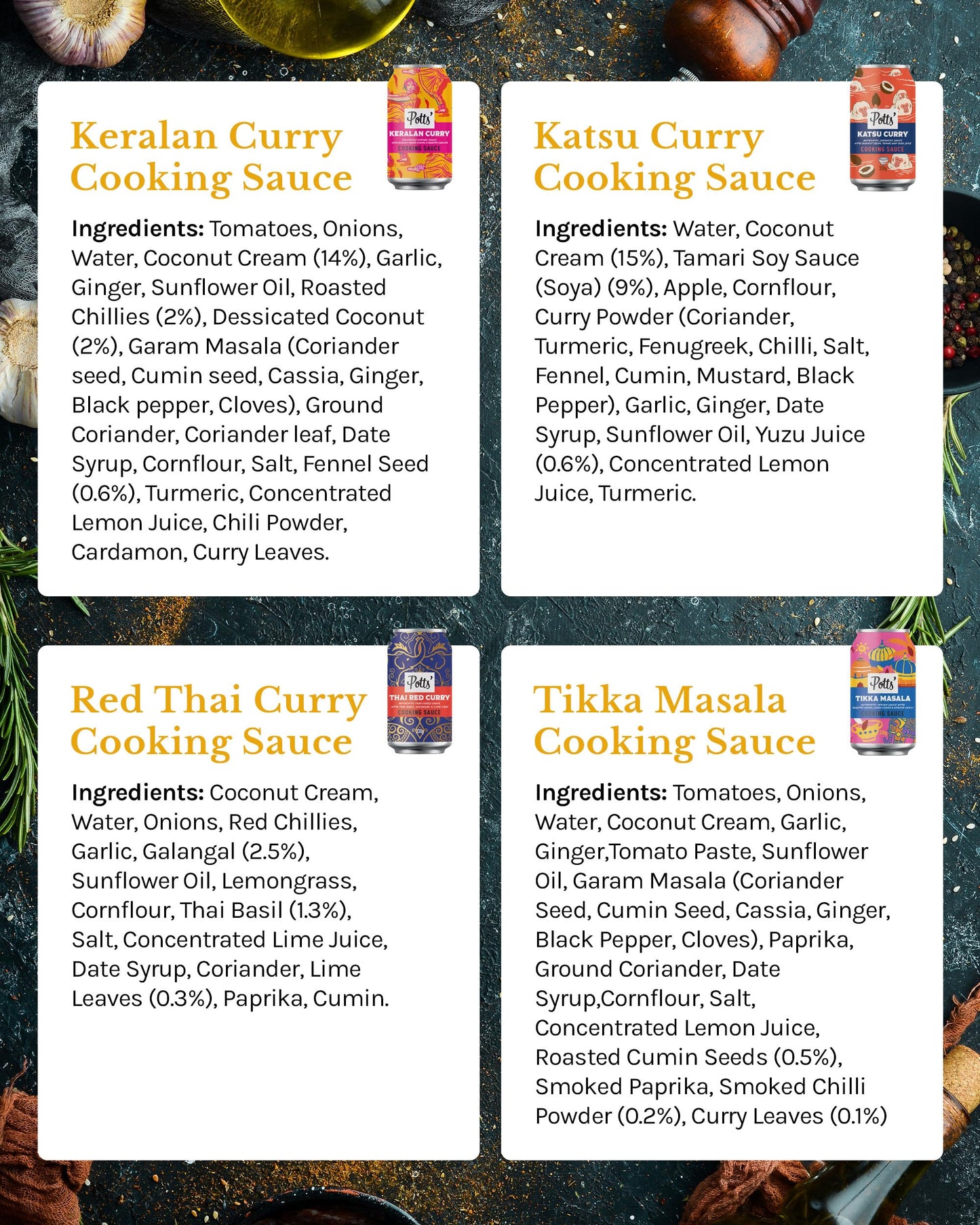Potts’ Katsu Curry, Tikka Masala, Thai Red Curry, & Keralan Sauce in Can, 330g Each - Mixed Sauce Cans for Vegan & Traditional Meals - Easy Open Can, Ready to Use Stock