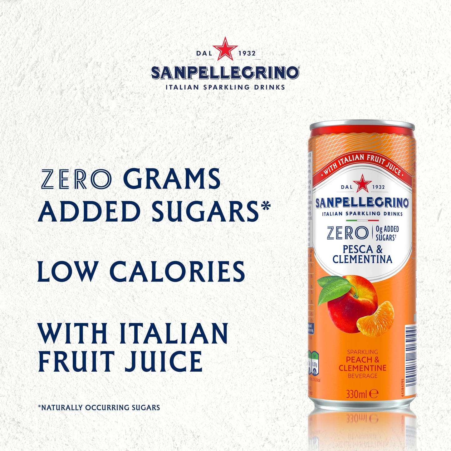San Pellegrino Italian Sparkling Drinks Zero Sparkling Peach & Clementine Canned Soft Drink 6 x 330ml, 21kCals per can