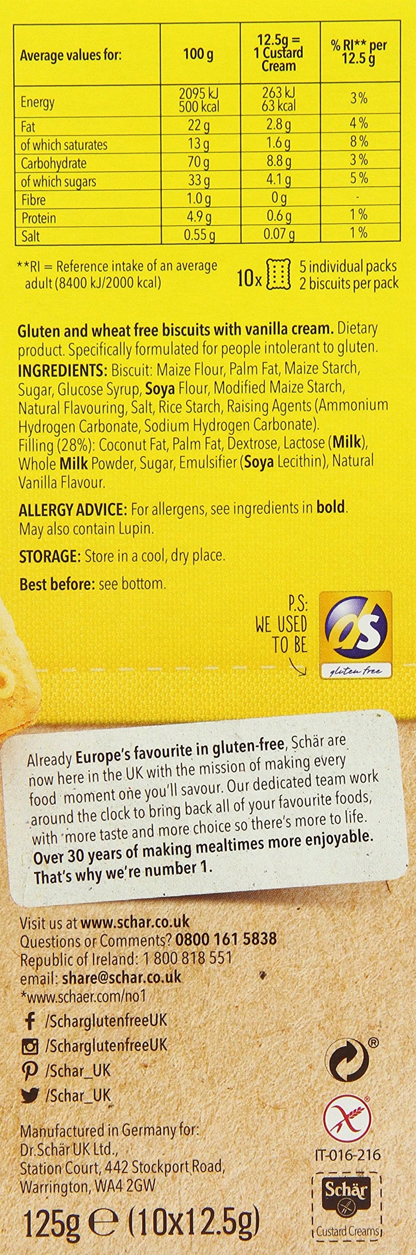 Schar Gluten Free Custard Creams, 125g