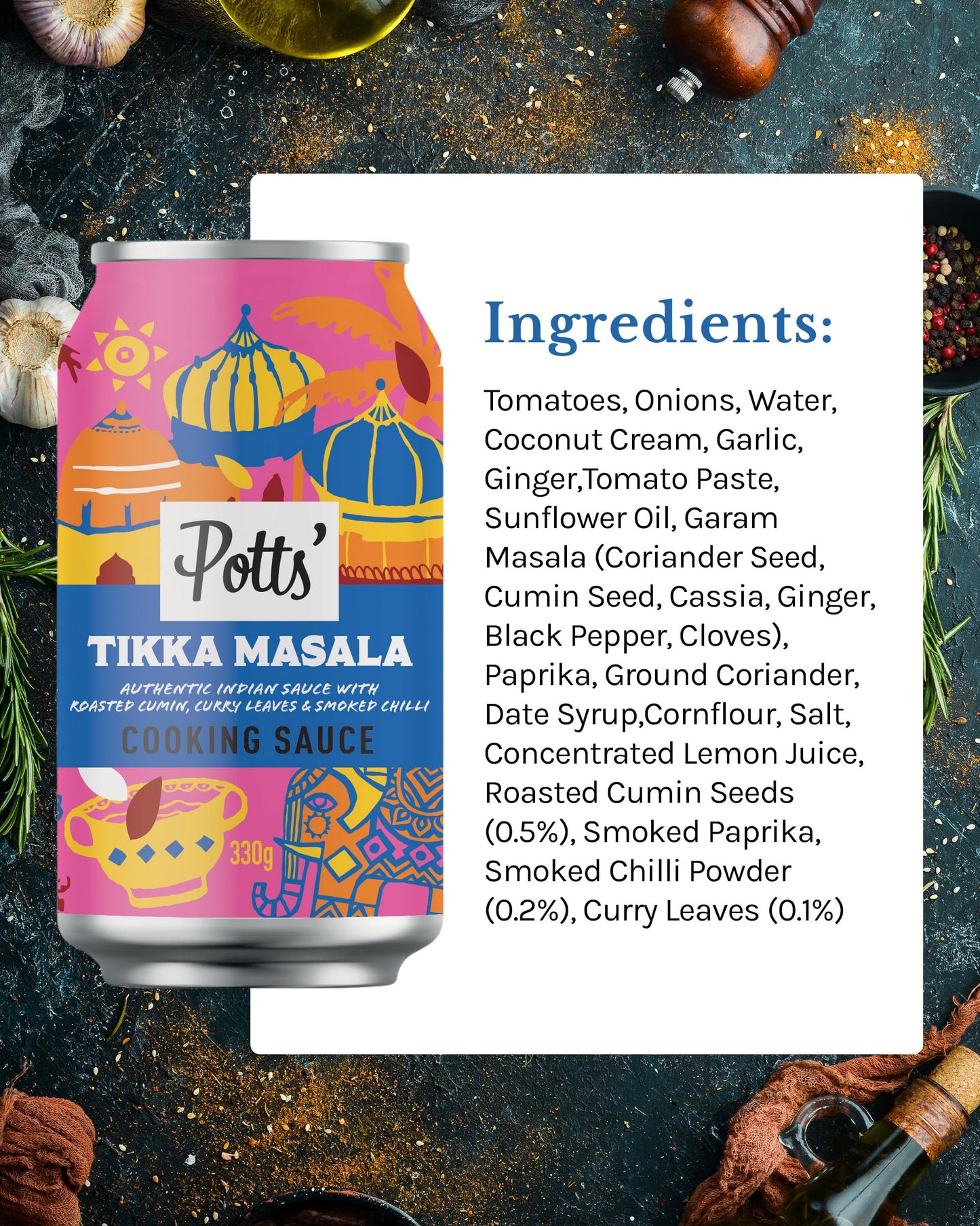 Potts’ Tikka Masala Sauce in Can, Curry Sauce Cans for Vegan & Traditional Meals Made with Roasted Cumin, Curry Leaves, & Smoked Chilli - Easy Open Can, Ready to Use Stock