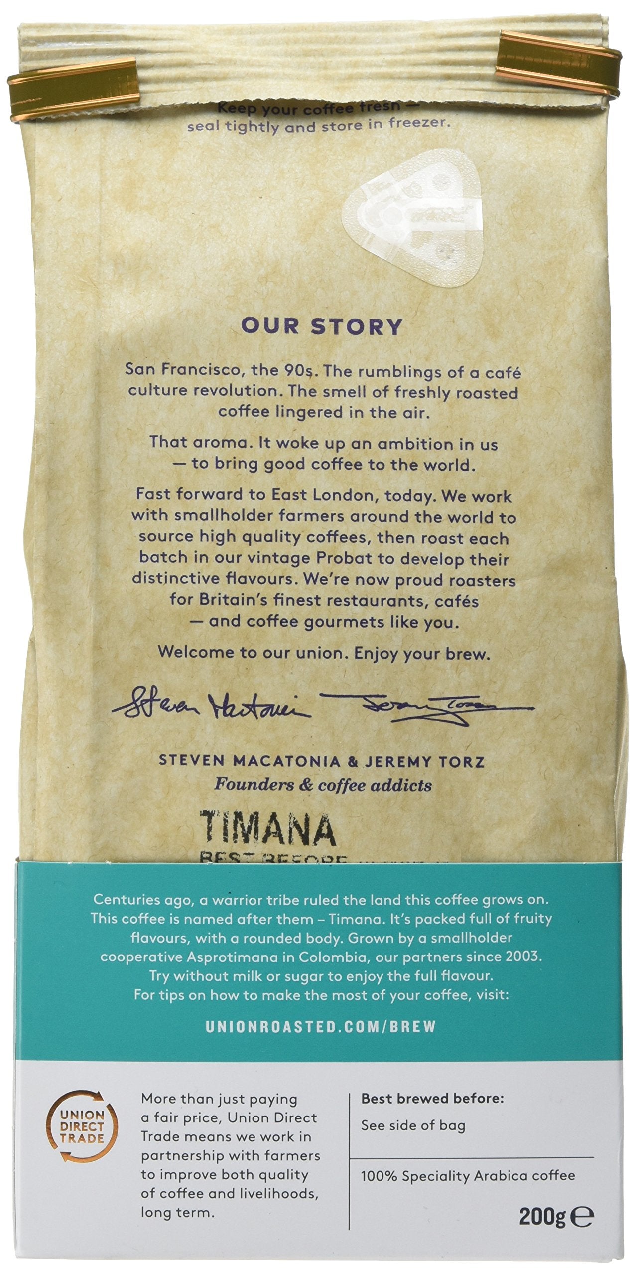 Union Hand Roasted Coffee Timana Colombia Ground Coffee, 200g