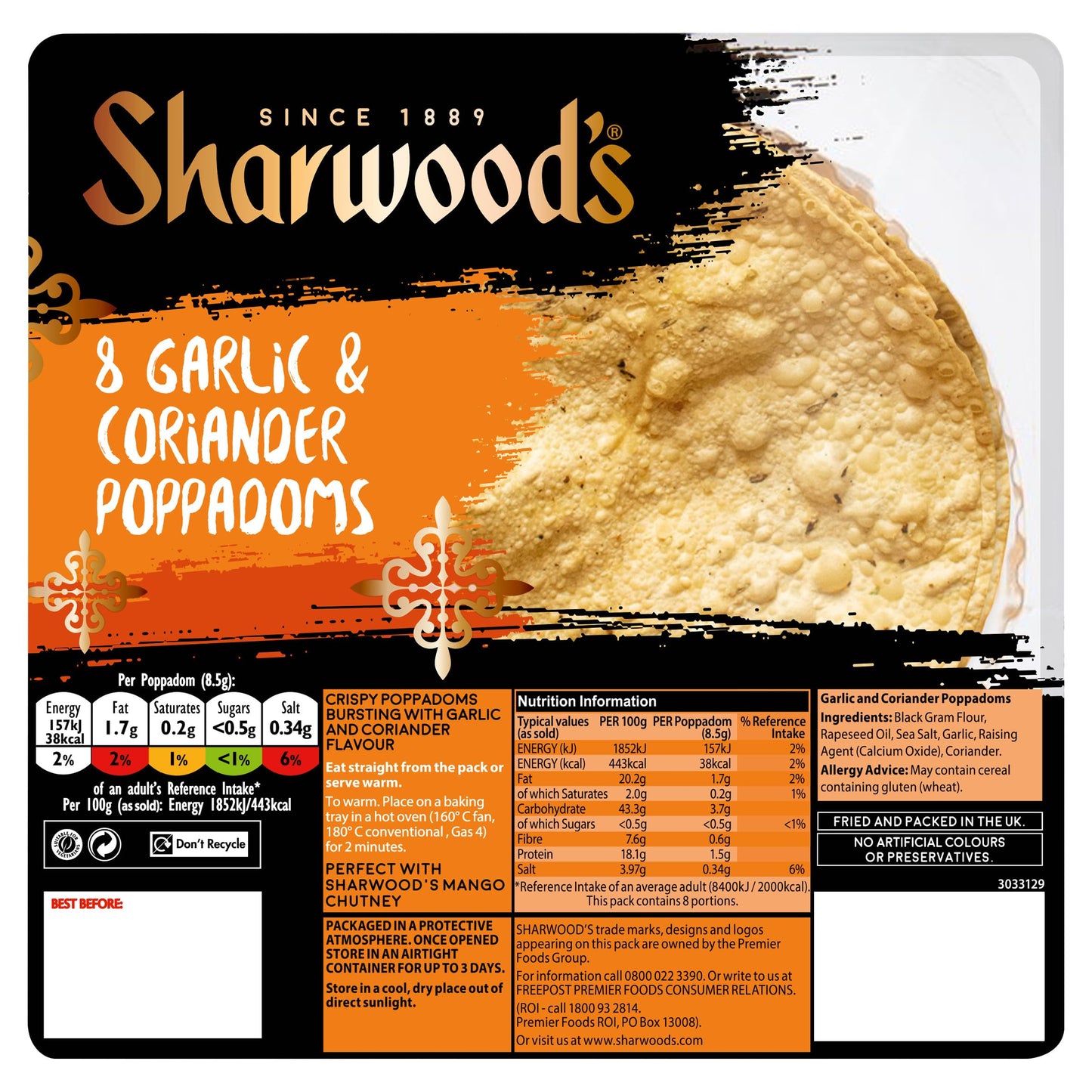 Sharwood's Garlic & Coriander Poppadoms, 8 Crispy Indian Snacks (1-Pack)