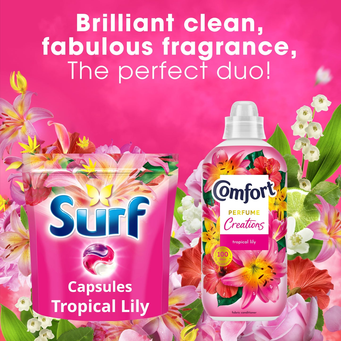 Surf 3 in 1 Tropical Lily Laundry Washing Detergent Capsules joy-infused fragrance with natural essential oils lasting up to 12 hours in wear for brilliantly clean results 60 washes