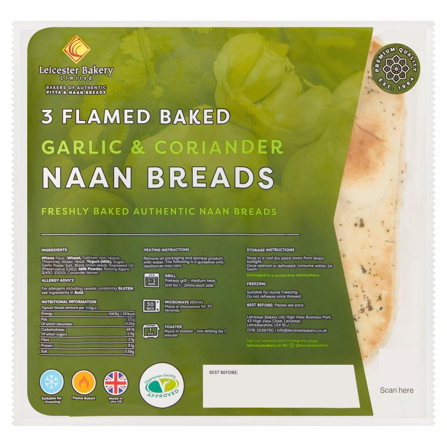 Leicester Bakery Limited 3 Flamed Baked Garlic & Coriander Naan Breads