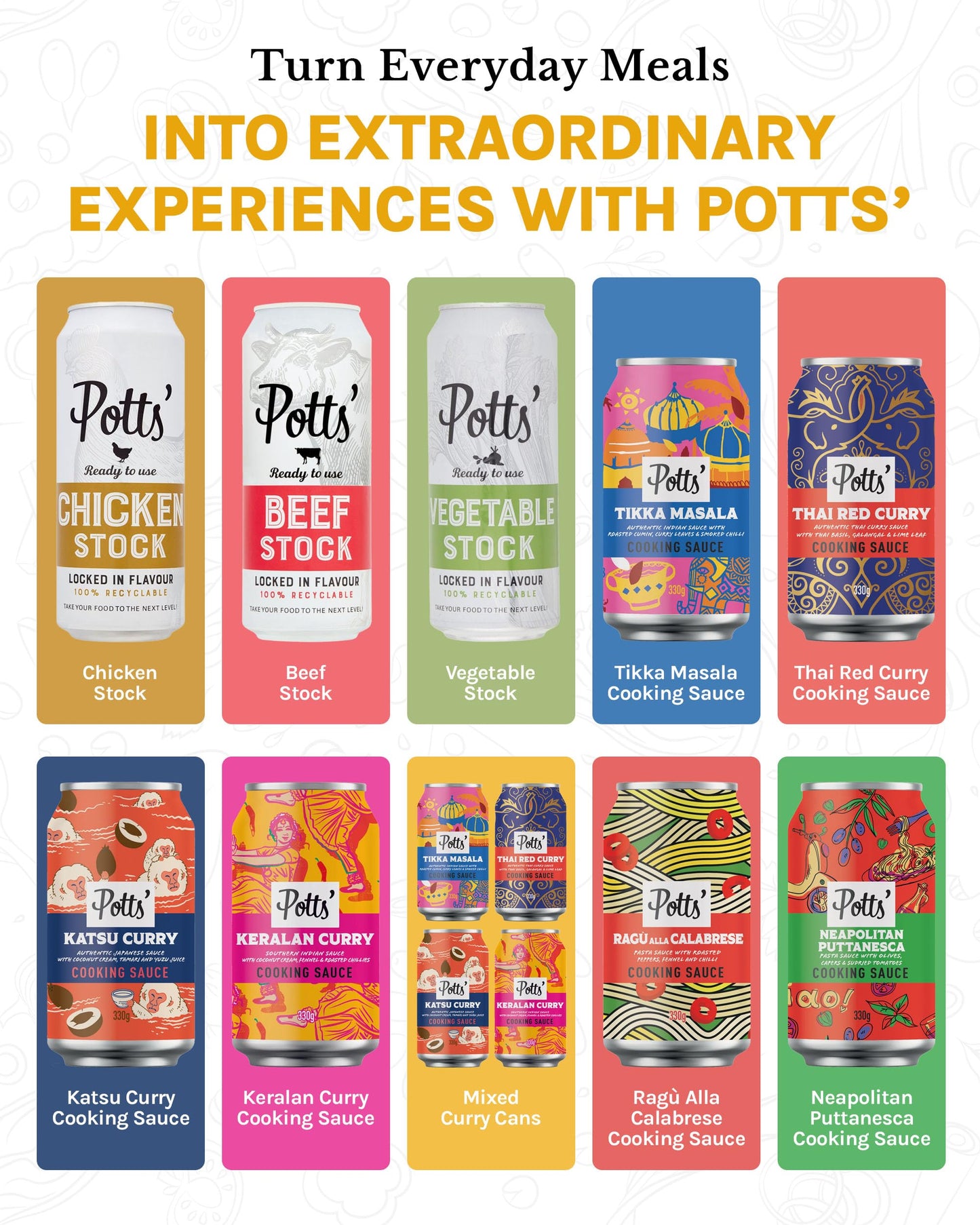 Potts’ Katsu Curry, Tikka Masala, Thai Red Curry, & Keralan Sauce in Can, 330g Each - Mixed Sauce Cans for Vegan & Traditional Meals - Easy Open Can, Ready to Use Stock