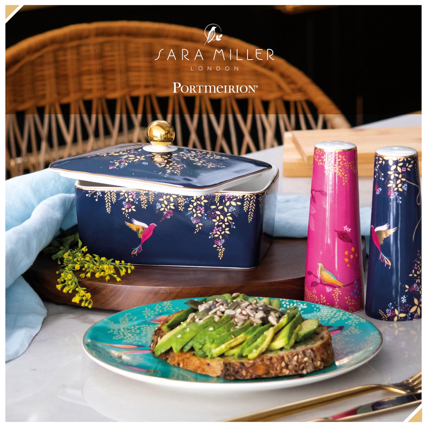 Portmeirion x Sara Miller London Butter Dish - Navy Blue Ceramic Butter Dish with Lid, 22ct Gold Detailing, Suitable Gift for Farmhouse and Kitchen Lovers