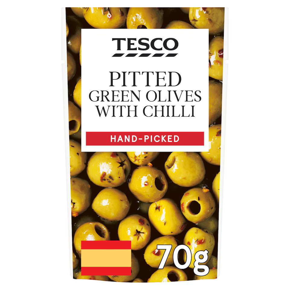 Tesco Pitted Green Olives With Chilli, 70g