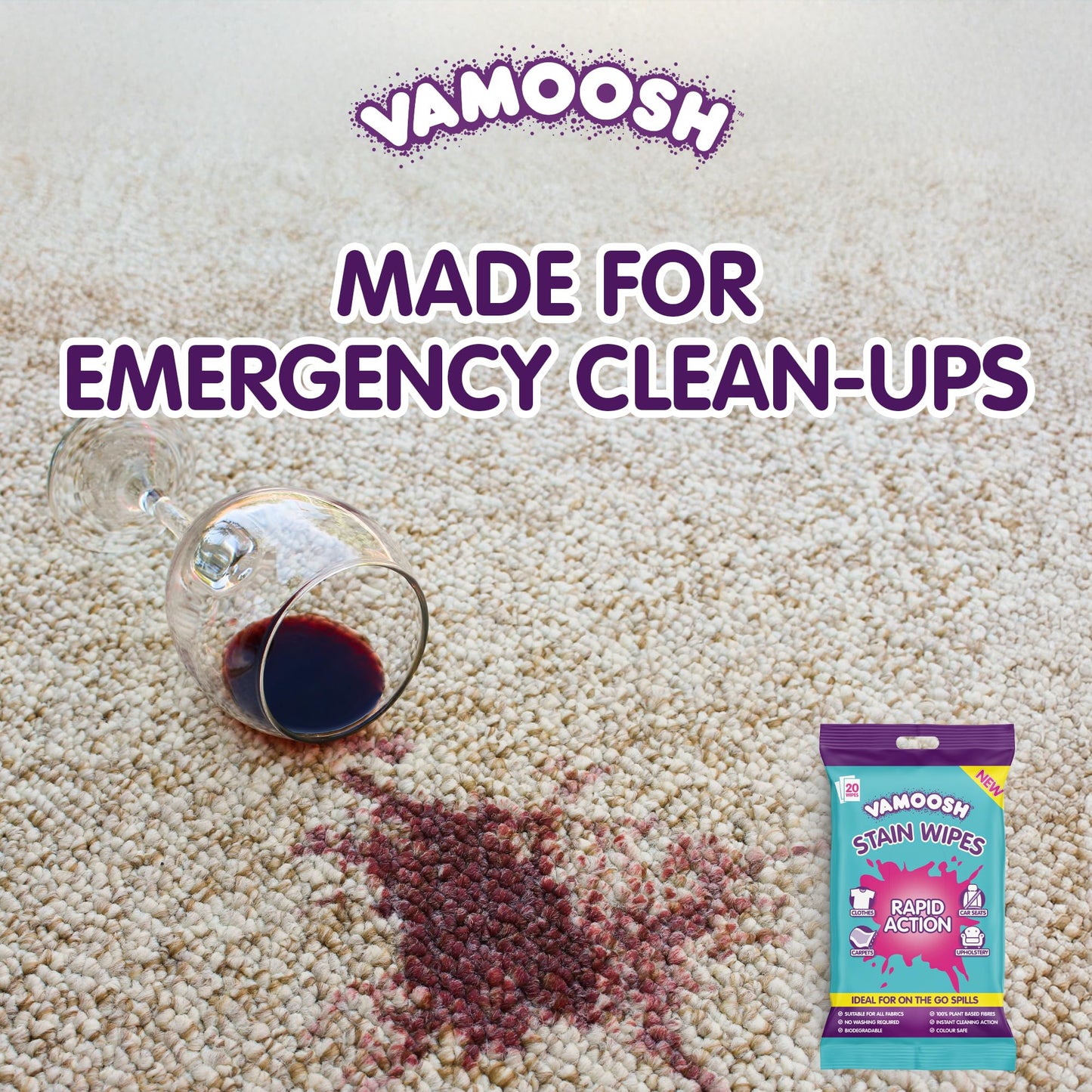 Vamoosh Rapid Stain Remover Wipes, Instant Stain Remover for Clothes, Carpets & Upholstery, Biodegradable & Plastic-Free - Vamoosh Laundry Wipes