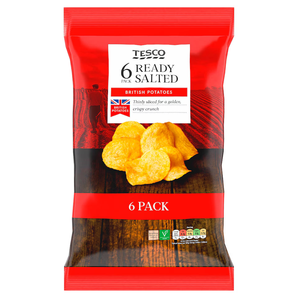 Tesco Ready Salted Crisps, 6x25g