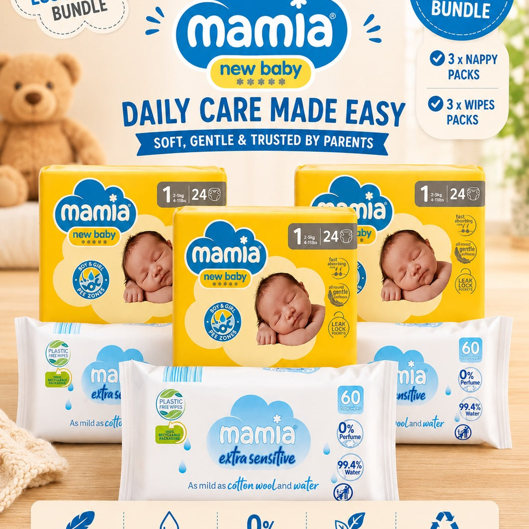 Mamia New Baby Essentials Bundle – 3 Newborn Nappy Packs + 3 Sensitive Wipes Packs