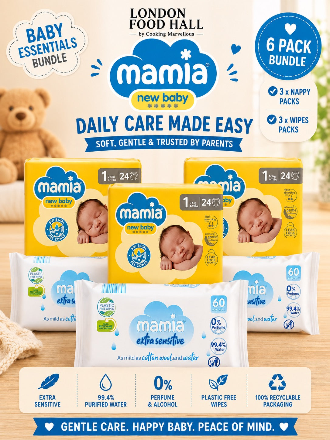 Mamia New Baby Essentials Bundle – 3 Newborn Nappy Packs + 3 Sensitive Wipes Packs