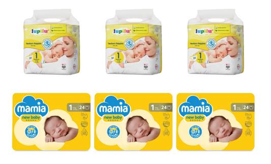 3x Lupilu Newborn Size 1 Nappies and 3x Mamia New Baby Size 1.  24 Nappies per pack