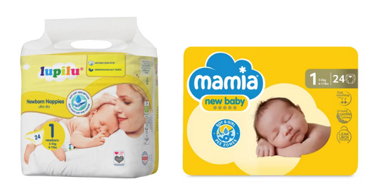 Lupilu Newborn Size 1 Nappies and Mamia New Baby Size 1 Nappies.  24 Nappies per pack.