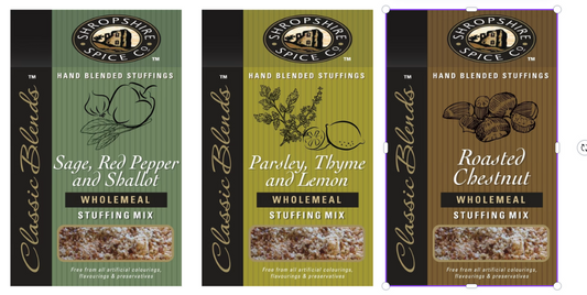 SHROPSHIRE SPICE CO. Sage, Red Pepper & Shallot Wholemeal Stuffing,Parsley, Thyme & Lemon Wholemeal Stuffing,Roasted Chestnut Wholemeal Stuffing Mix 150g