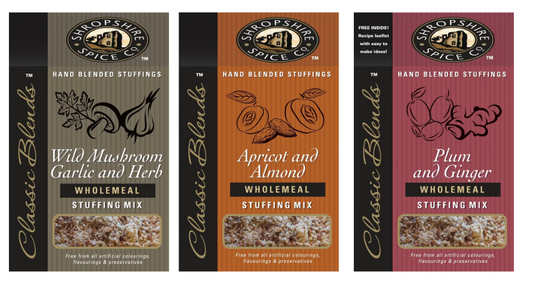 SHROPSHIRE SPICE CO. Apricot & Almond Wholemeal Stuffing Mix 150g, Plum & Ginger Wholemeal Stuffing Mix 150g, Wild Mushroom, Garlic & Herb Wholemeal Stuffing Mix 150g