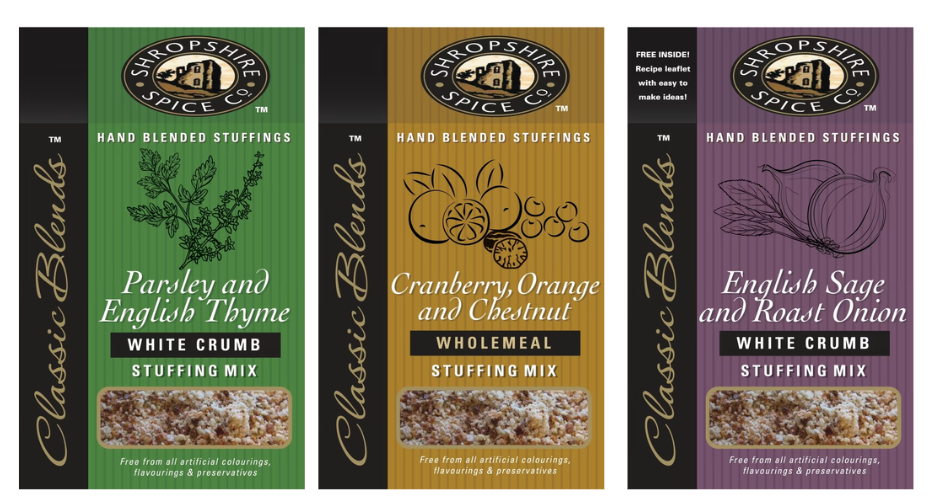 SHROPSHIRE SPICE CO. Cranberry, Orange & Chestnut Wholemeal Stuffing Mix 150g,Parsley & English Thyme White Crumb Stuffing Mix 150g,English Sage & Roast Onion White Crumb Stuffing Mix 150g
