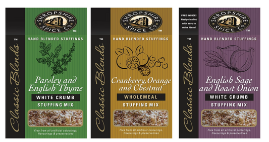SHROPSHIRE SPICE CO. Cranberry, Orange & Chestnut Wholemeal Stuffing Mix 150g,Parsley & English Thyme White Crumb Stuffing Mix 150g,English Sage & Roast Onion White Crumb Stuffing Mix 150g