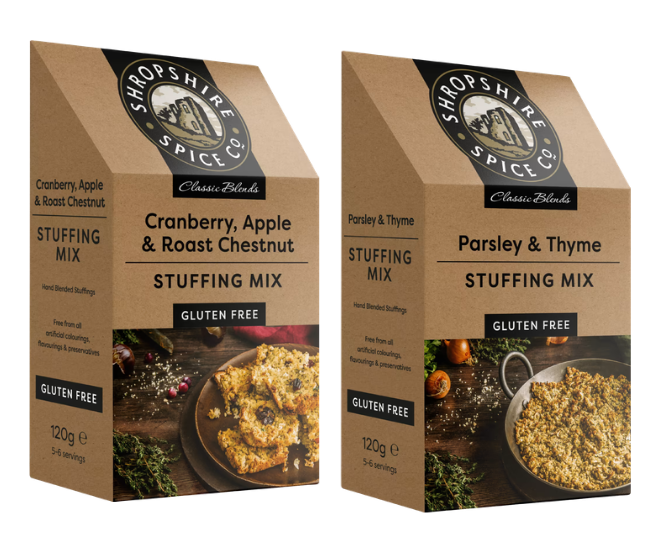 SHROPSHIRE SPICE CO. Gluten Free Cranberry, Apple & Chestnut Stuffing 120g, Gluten Free Parsley & Thyme Stuffing 120g