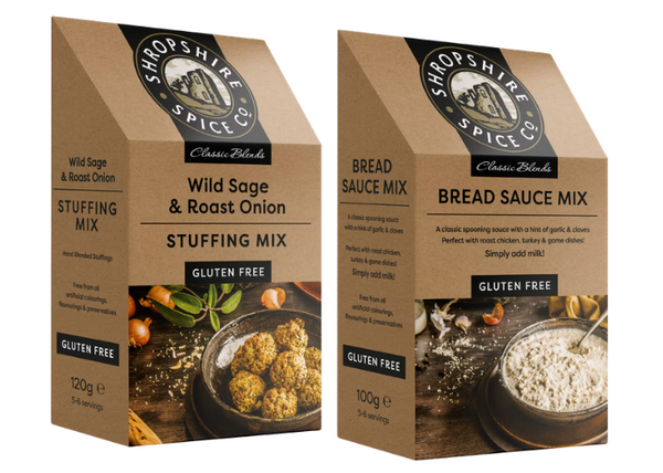SHROPSHIRE SPICE CO. Gluten Free Wild Sage & Roast Onion Stuffing 120g, Gluten Free Bread Sauce Mix 100g
