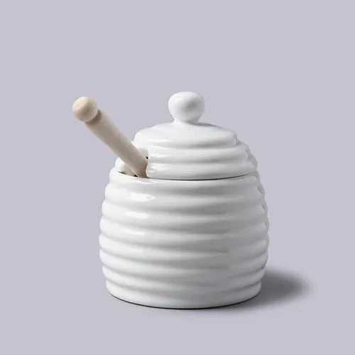 White Porcelain Honey Pot with Wooden Dipper