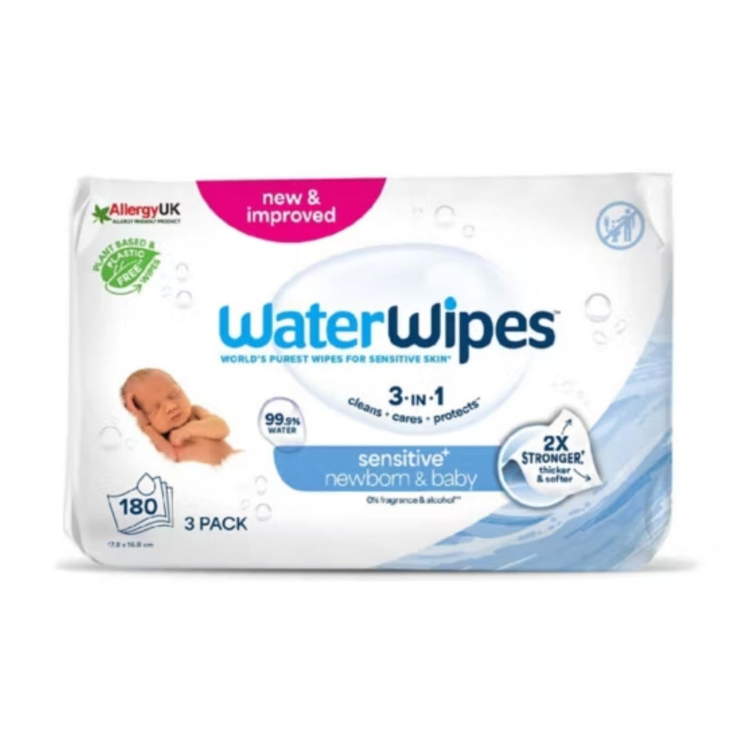 WaterWipes Sensitive Newborn & Baby Wipes, 3 Packs (180 Wipes)