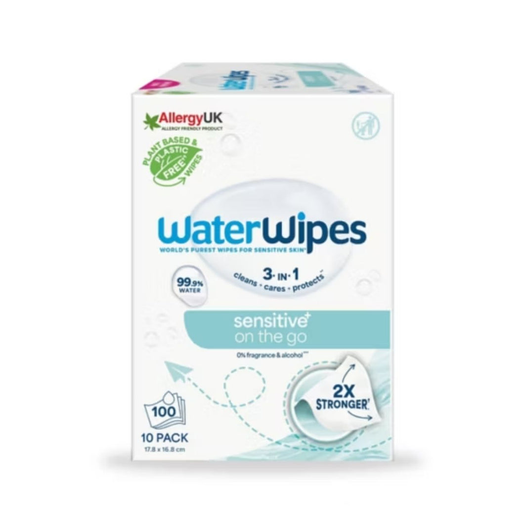 WaterWipes Sensitive On The Go Wipes, 10 Packs (100 Wipes)