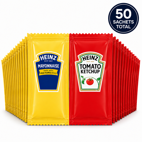 Heinz Mayonnaise & Tomato Ketchup Individual Sachets – 25 of Each (50 Sachets Total)