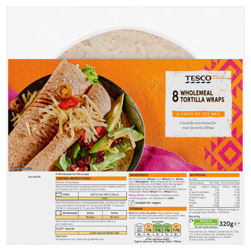 Tesco 8 Wholemeal Tortilla Wraps, 320g