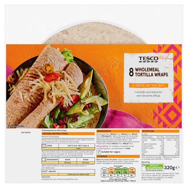 Tesco 8 Wholemeal Tortilla Wraps, 320g