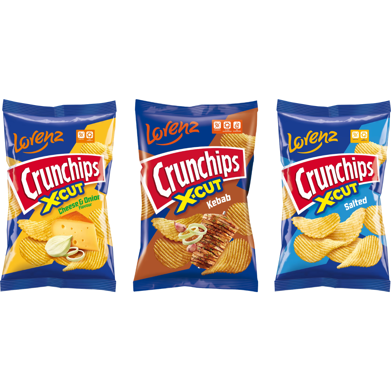 Lorenz Crunchips Variety Pack – Salted 130g, Cheese & Onion 130g & Kebab Flavour 130g
