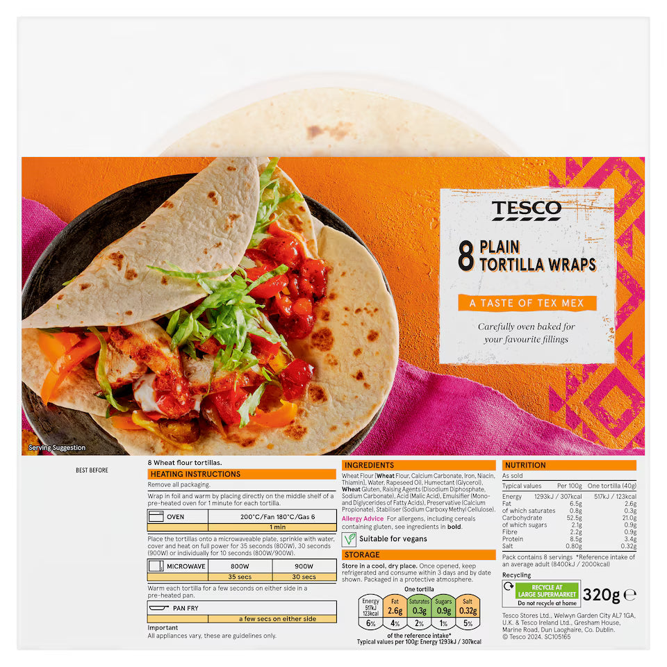 Tesco 8 Plain Tortillas, 320g